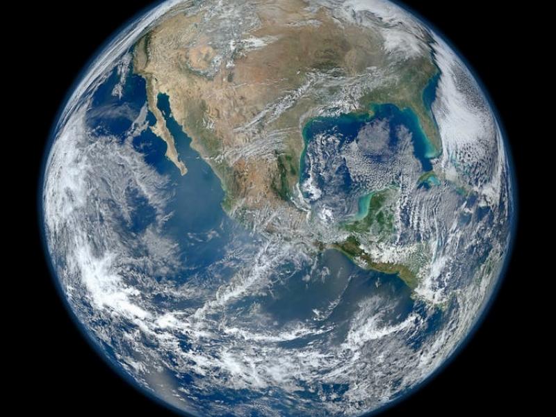 Satellite image of the globe in a black background with North America visible