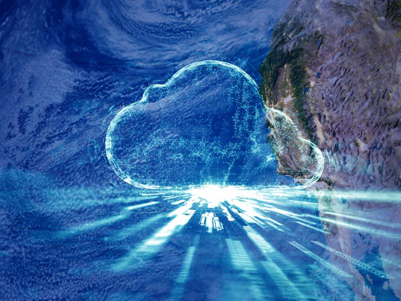Illustration of a cloud made of connected data points atop a satellite image of California and the Pacific Ocean