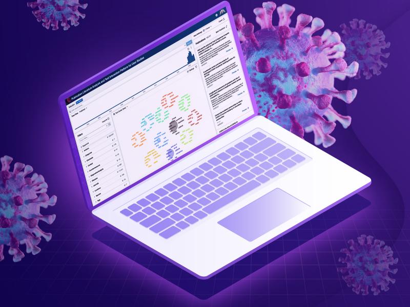 a laptop on top of a purple background with coronavirus particles