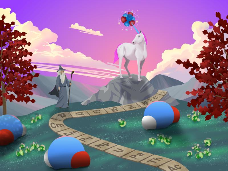 Illustration of a unicorn and wizard with molecules