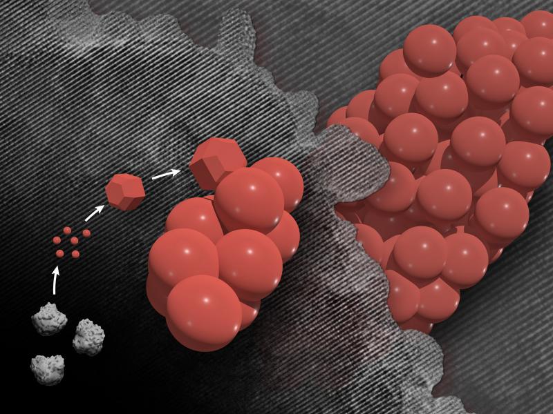 Composite image of mesocrystal illustration on top of black and white transmission electron microscope image of mesocrystal