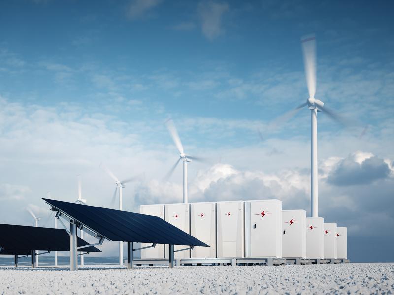 Photo of solar panels, energy storage units, and wind turbines.