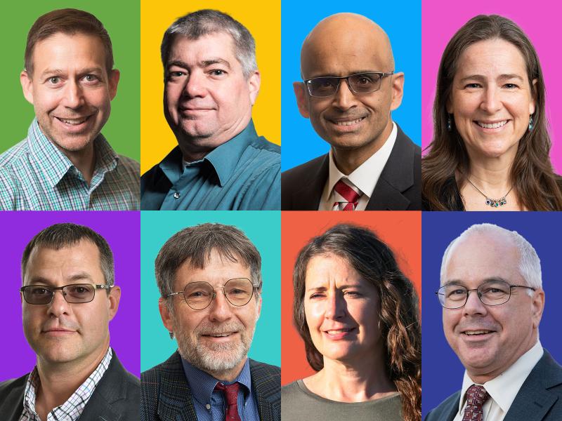 Image shows headshots of the 8 PNNL researchers who have been elected into the Washington State Academy of Sciences. Top row, left to right: Scott Baker, Jeff Dagle, Ram Devanathan, Kirsten Hofmockel. Bottom row, left to right: Tom Metz, Michael Kintner-Meyer, Heida Diefenderfer, Anthony Peurrung