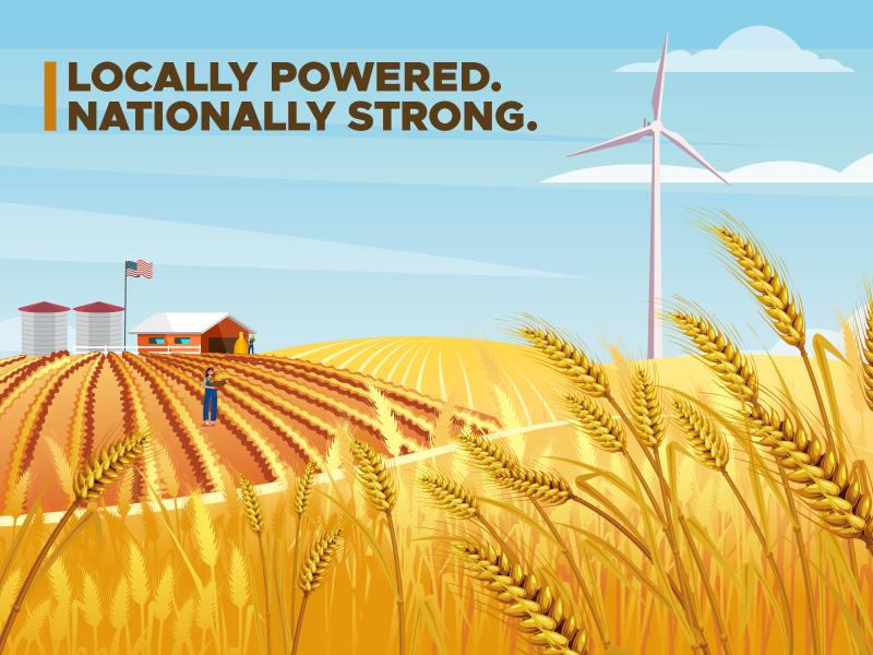 Graphic depicting a wind turbine on a farm. Text reads "Locally Powered. Nationally Strong." 