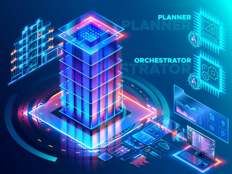 Graphic shows a building surrounded by data.