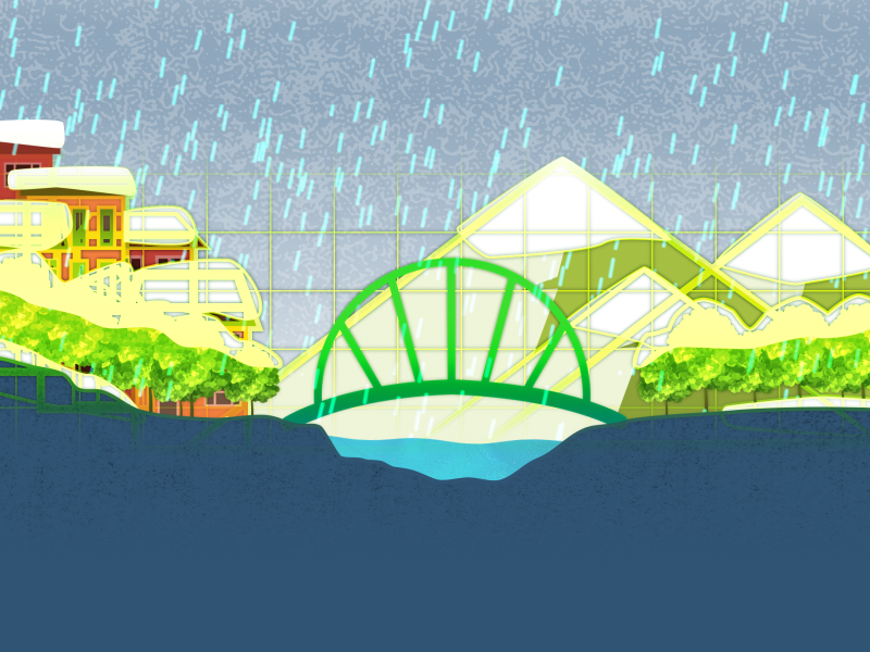 Digital illustration of rain falling over a river with a bridge crossing it and houses, trees, and mountains behind it.