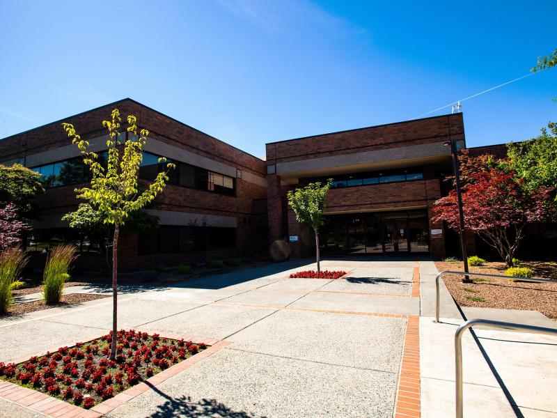 an angular brick building with glass double doors and a brick and cement walkway surrounded by trees