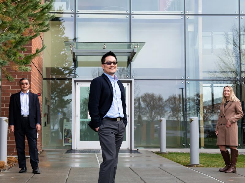 Ji-Guang (Jason) Zhang, Allan Tuan, and Lindsie Canales, shown left to right, form the Licensing Flywheel Program team. The program helps private companies “test drive” federally developed technology by using past licensing revenue to fund new licensing opportunities.