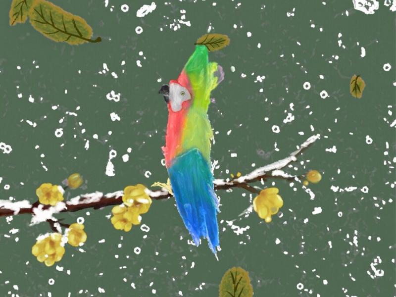 Hematite minerals on silicon substrate, which looks like a bird sitting on a tree branch with vibrant flowers. (Art and Photo by Chemical Engineer Xin Zhang | Pacific Northwest National Laboratory)