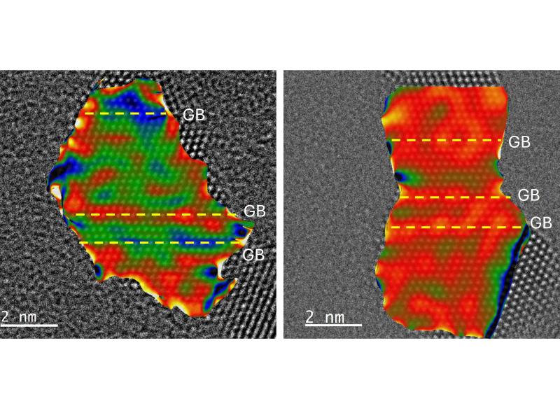 Electron microscopy image of two nanoparticles