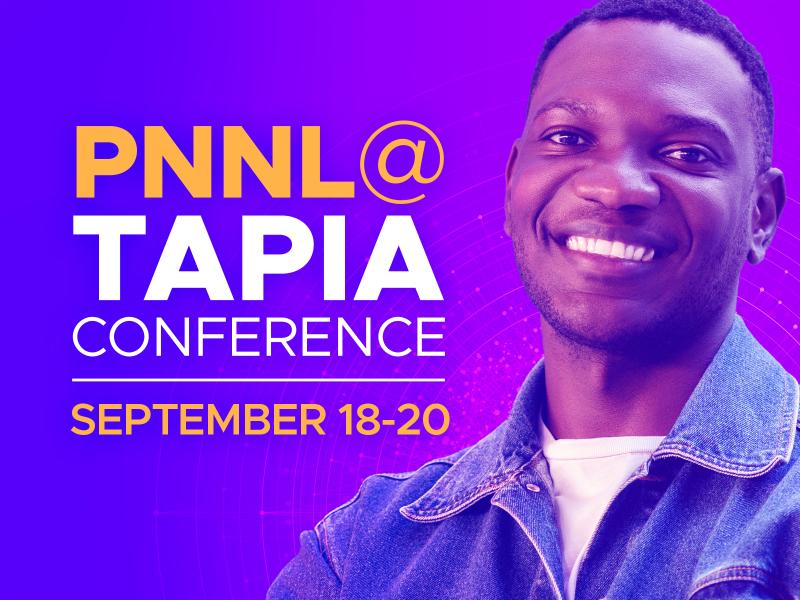 Photo of stock model smiling at the camera beside the words: PNNL at Tapia Conference. September 18 to 20, 2024.