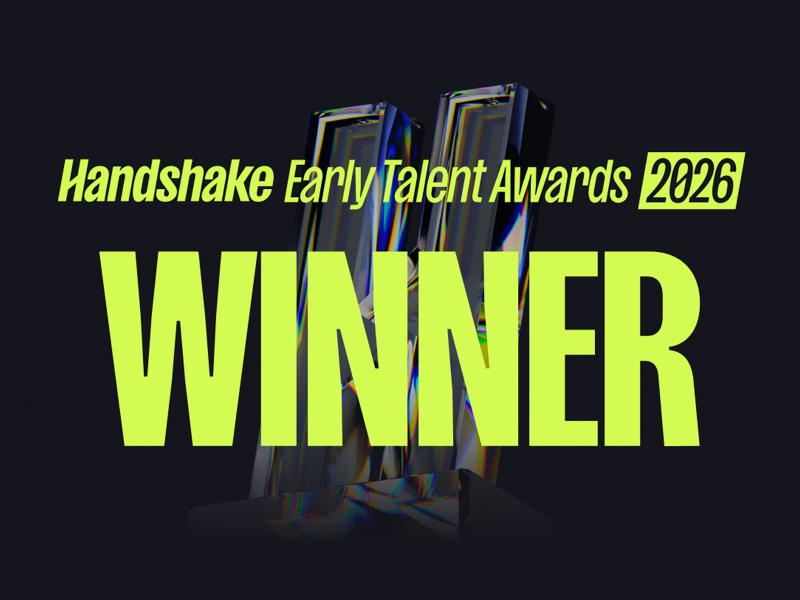 Photo with trophy in background and text "Handshake Early Talent Awards 2026 Winner" 