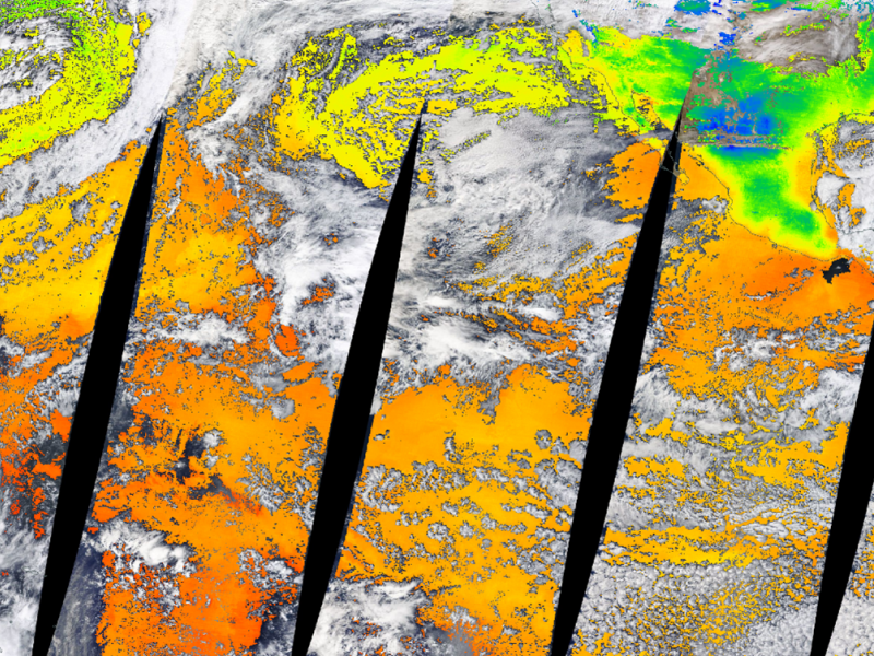 Satellite image of clouds over a technicolor version of the Pacific Ocean