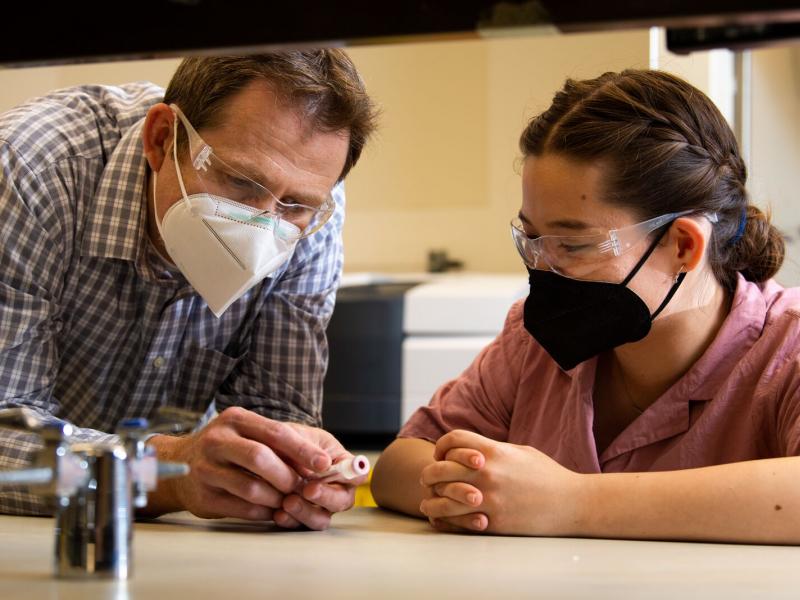 Material scientist Leo Fifield mentors intern Ikumi Ellis, who is examining a method to sterilize medical device plastics without using radioisotopes.