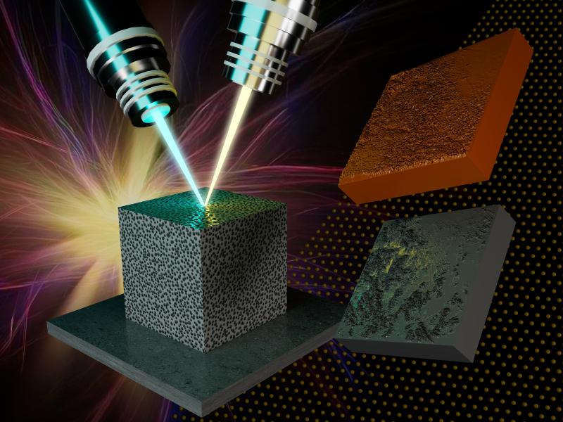 Image of a material being irradiated with lasers under a microscope
