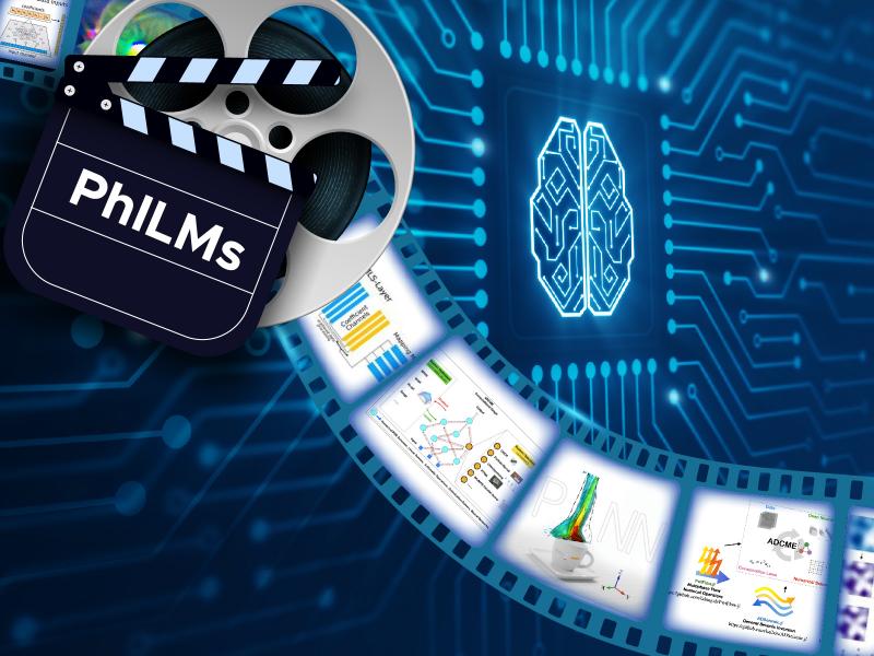 An image of various science-based visuals rolling out from a film reel labeled "philms."