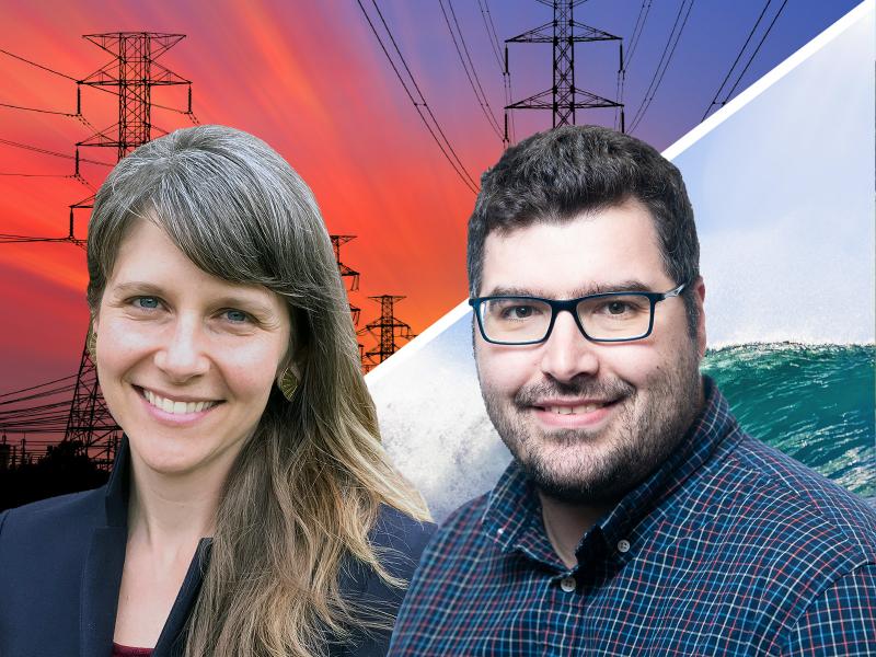 Two researchers with wind and energy graphic