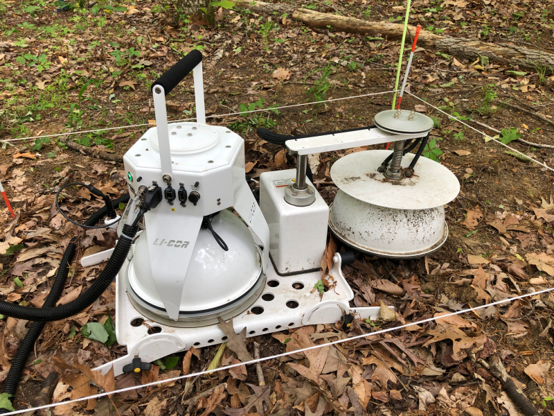 A scientific instrument on top of leaf strewn ground