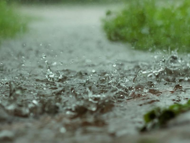 Close up photograph of rain falling on wet ground