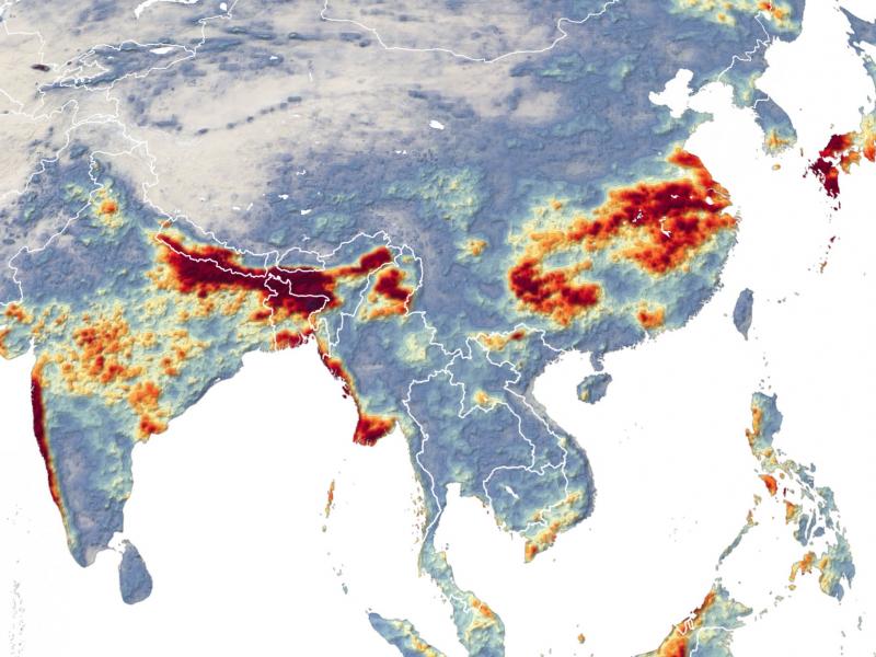 Map of Asia with dark red showing where monsoonal rainfall falls