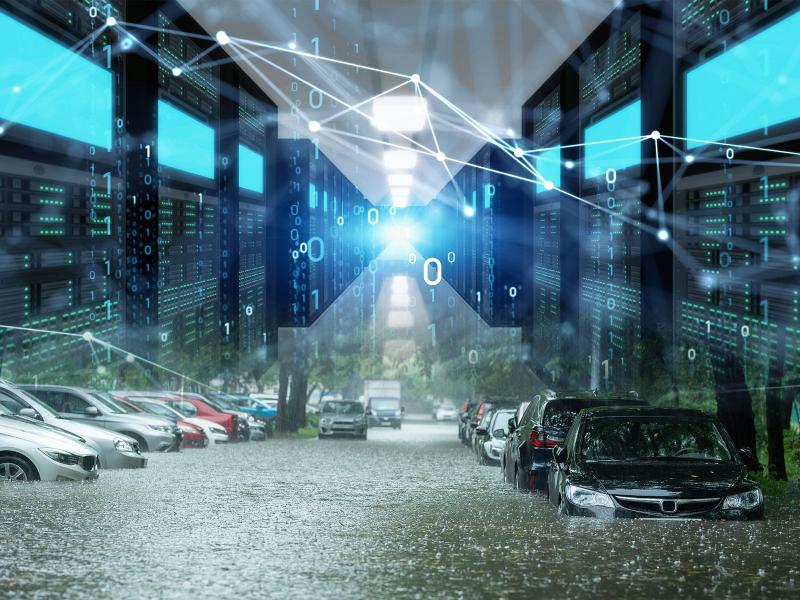 Graphic showing flooded street with cars, overlaid with data representations and computer stacks.
