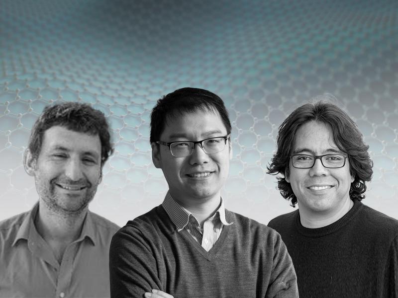 Composite image of three researchers in black and white on a patterned backgrount
