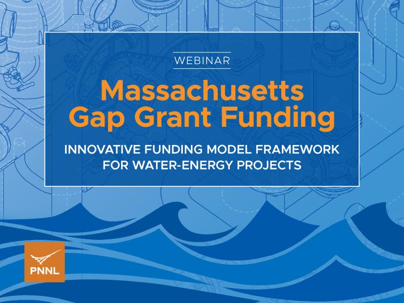 Text superimposed upon a background of waves. It reads, "Webinar. Massachusetts Gap Funding. Innovative Funding Model Framework for Water Energy Projects." A PNNL logo appears on the bottom-left of the image.