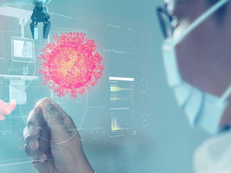 illustration of doctor looking at high-tech screen and coronavirus particle