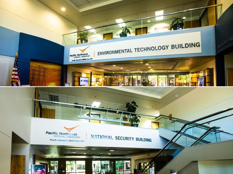 a split-screen showing the Environmental Technology Building lobby sign in the top half, and the National Security Building lobby sign in the bottom half