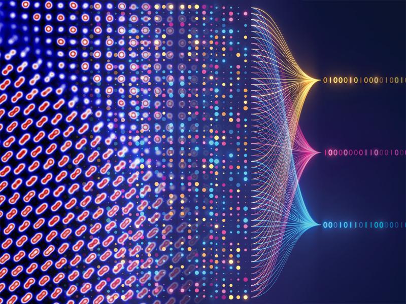 A visualization of PNNL's new AI model for materials science, showing individual points of data being sorted into a few distinct streams of information.