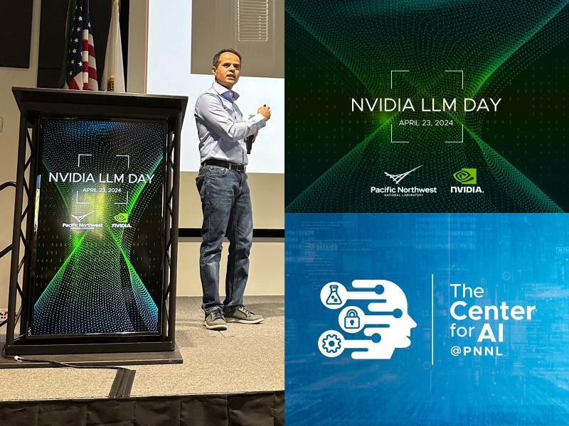 A podium during an event with a researcher next to it, alongside the logo for Nvidia LLM Day and PNNL's Center for AI.