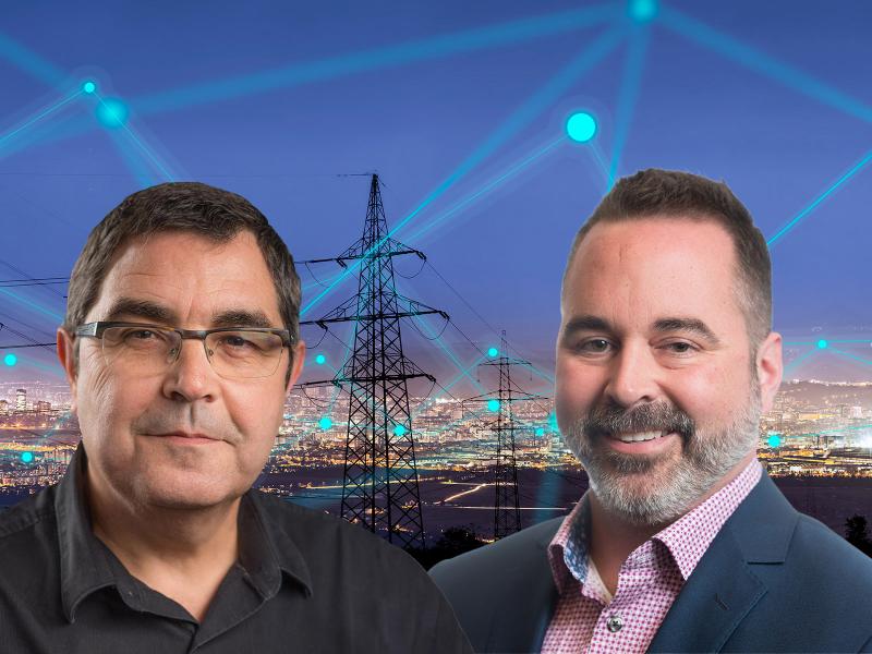Headshots of Robert Rallo and Court Corley superimposed on a background image of powerlines.