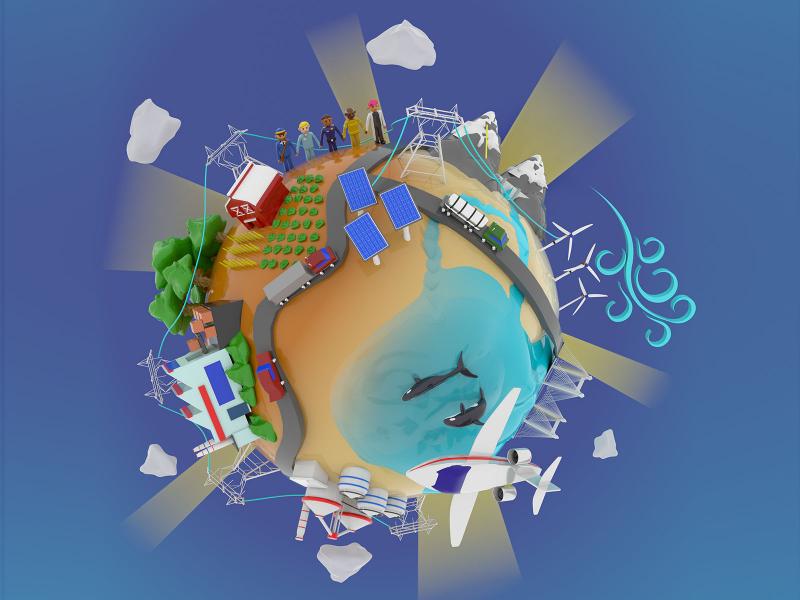 illustration of a world farms connected to mini refineries, renewable energy and transportation