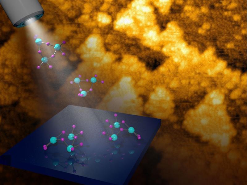 Image of depositing molecules atop an electron microscope image of the actual hierarchical oxide structure