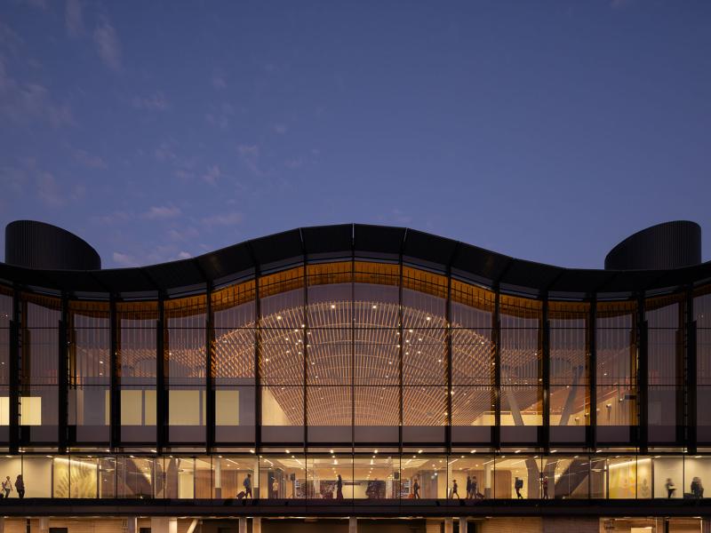 The exterior of Portland International Airport's new terminal at night.