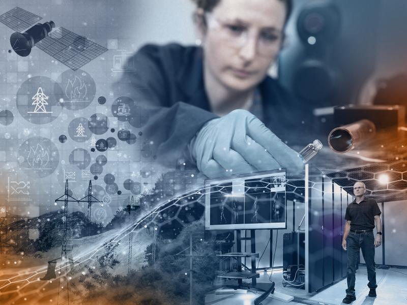 This is a composite image illustrating many components of PNNL's research. A scientist holds a test tube to a mass spectrometer; a person is walking through a body scanner; there are transmission lines, a satellite, and imagery of electronics that illustrate security technology.