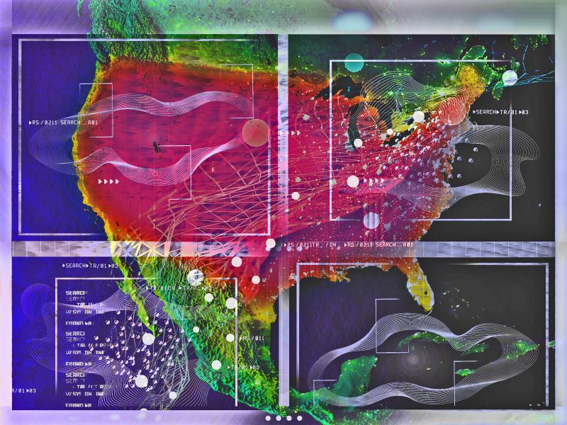 Generated image of data-inspired visualizations over a multicolor map of the United States