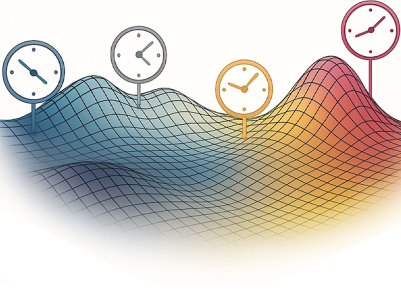 A figure of an energy surface with clocks pointing to various points