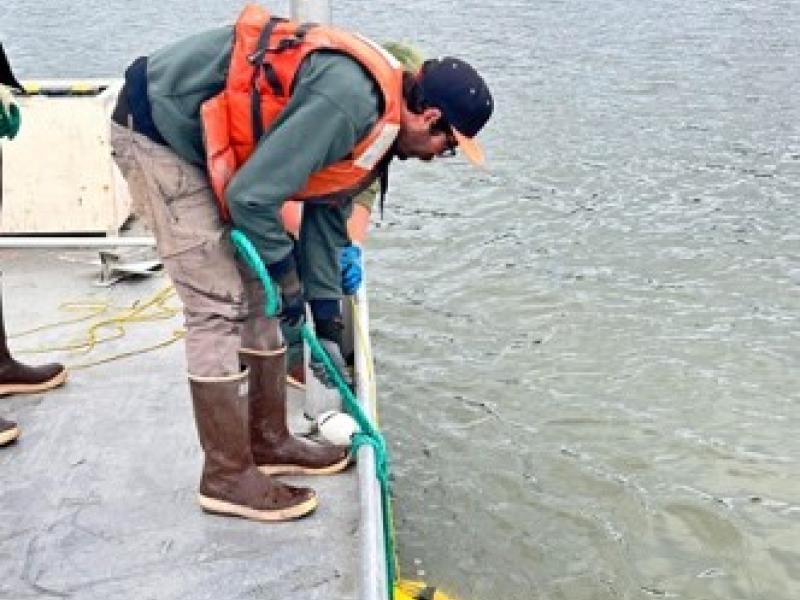 a researcher on a boat pulling up the anchor for a Acoustic Doppler Current Profiler from the water