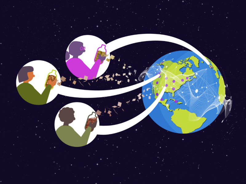 A graphic of cartoon people and the Earth.