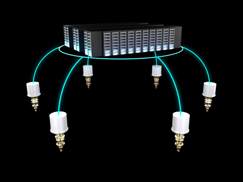 Illustration of a high-performance computer connected to a series of individual quantum computers 