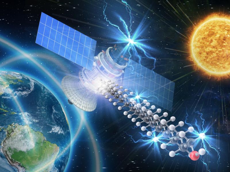 An illustration that shows the planet Earth to the left; a satellite in the center; and the blazing sun in the upper right.