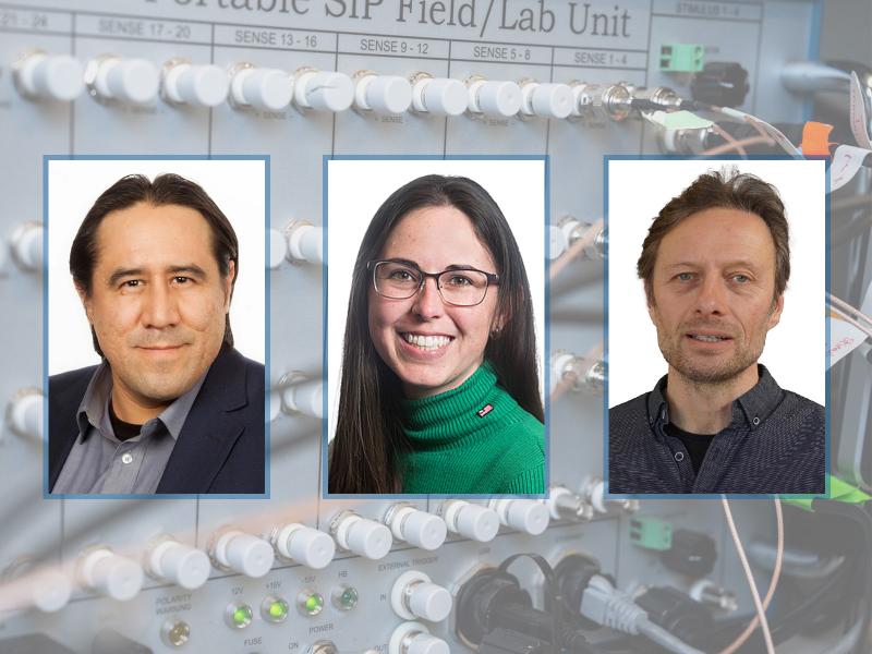 Three speaker photos on a background of a spectral induced polarization control board.