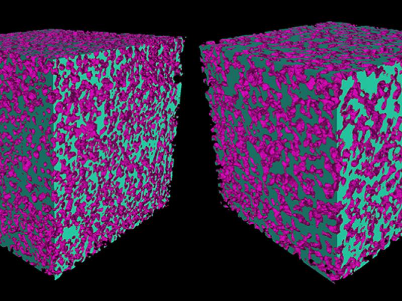 Representative slice and 3D images of intact (left) and homogenous (right) soil cores were used for porosity analysis. The pore spaces are depicted in green and solid soil particles are in red.