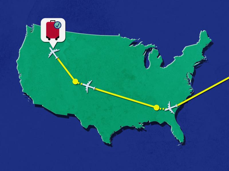 This graphic shows a slight path of a flight arriving from the east into the southeastern U.S., then with additional arrows to two other destinations within the U.S., with an image of a suitcase visible at the last destination.