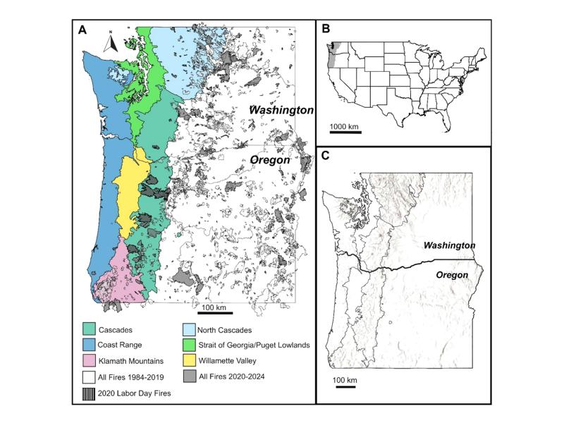 Graph showing fire perimeters for more than 200 large fires since 2020 and the topography for the Pacific Northwest.