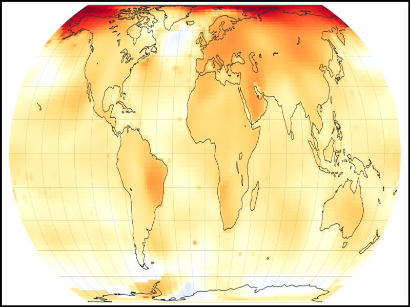 Flat map of the Earth with orange and red gradient of temperature change