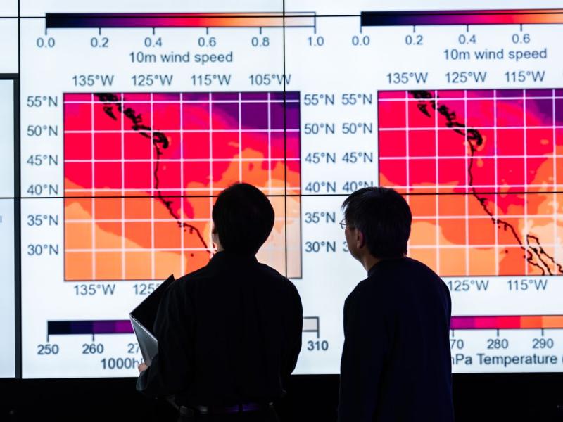 Two scientists in silhouette examining wind data