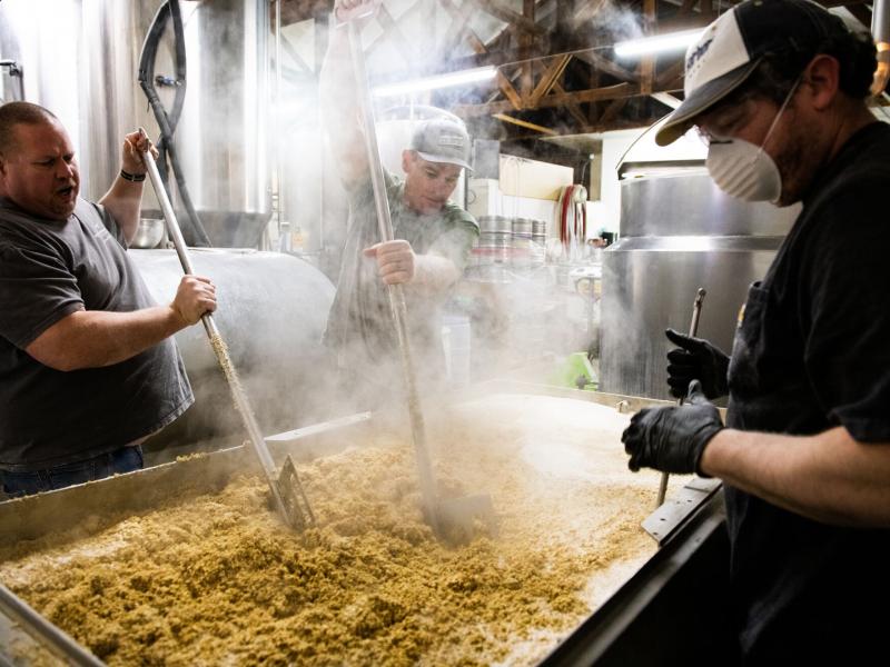 People mashing grain at a brewery