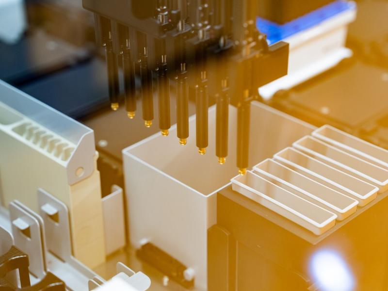 A close-up inside the Tecan Fluent liquid handling instrument